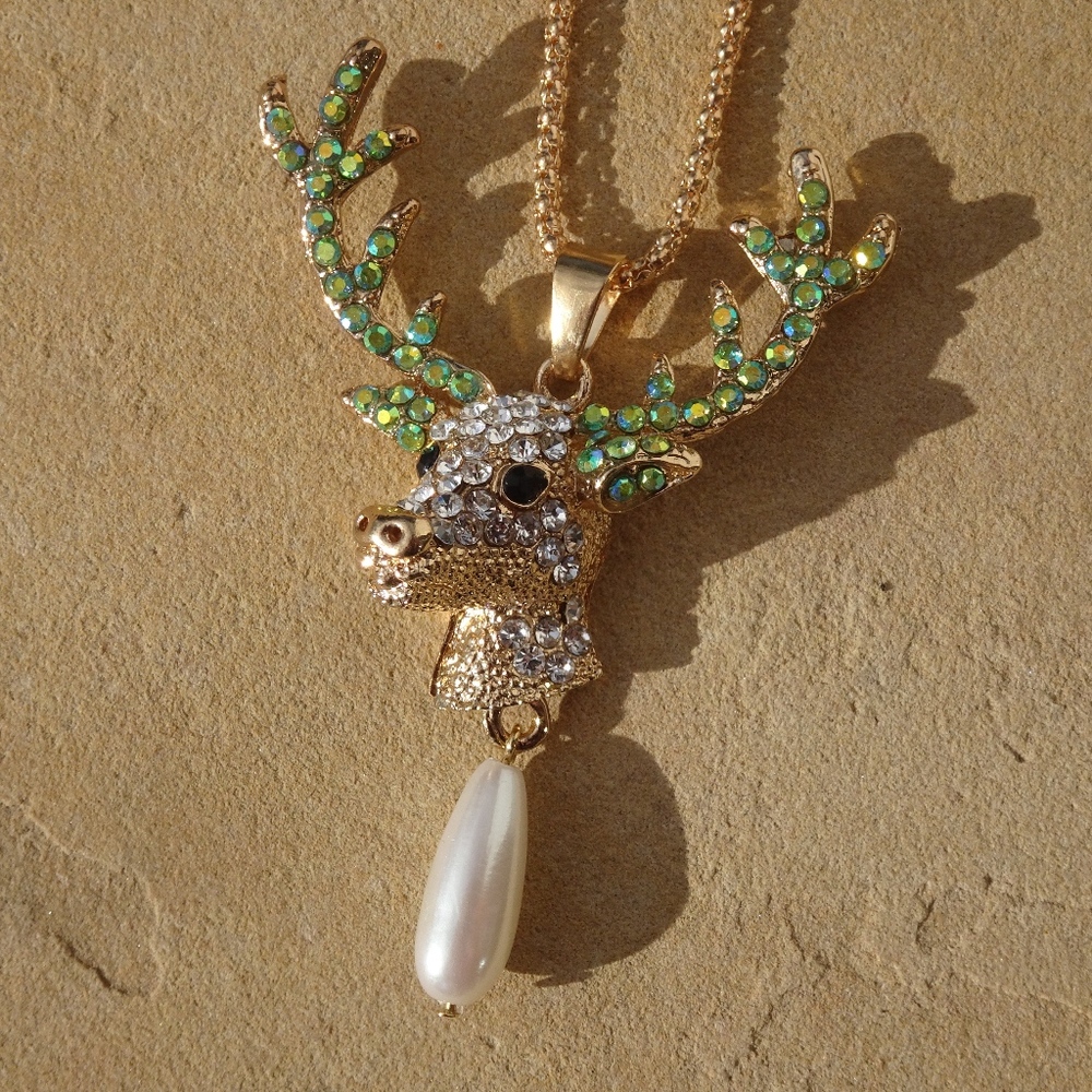 Winter Wonderland Jewel Deer & Faux White Pearl Pendant Long Statement Necklace